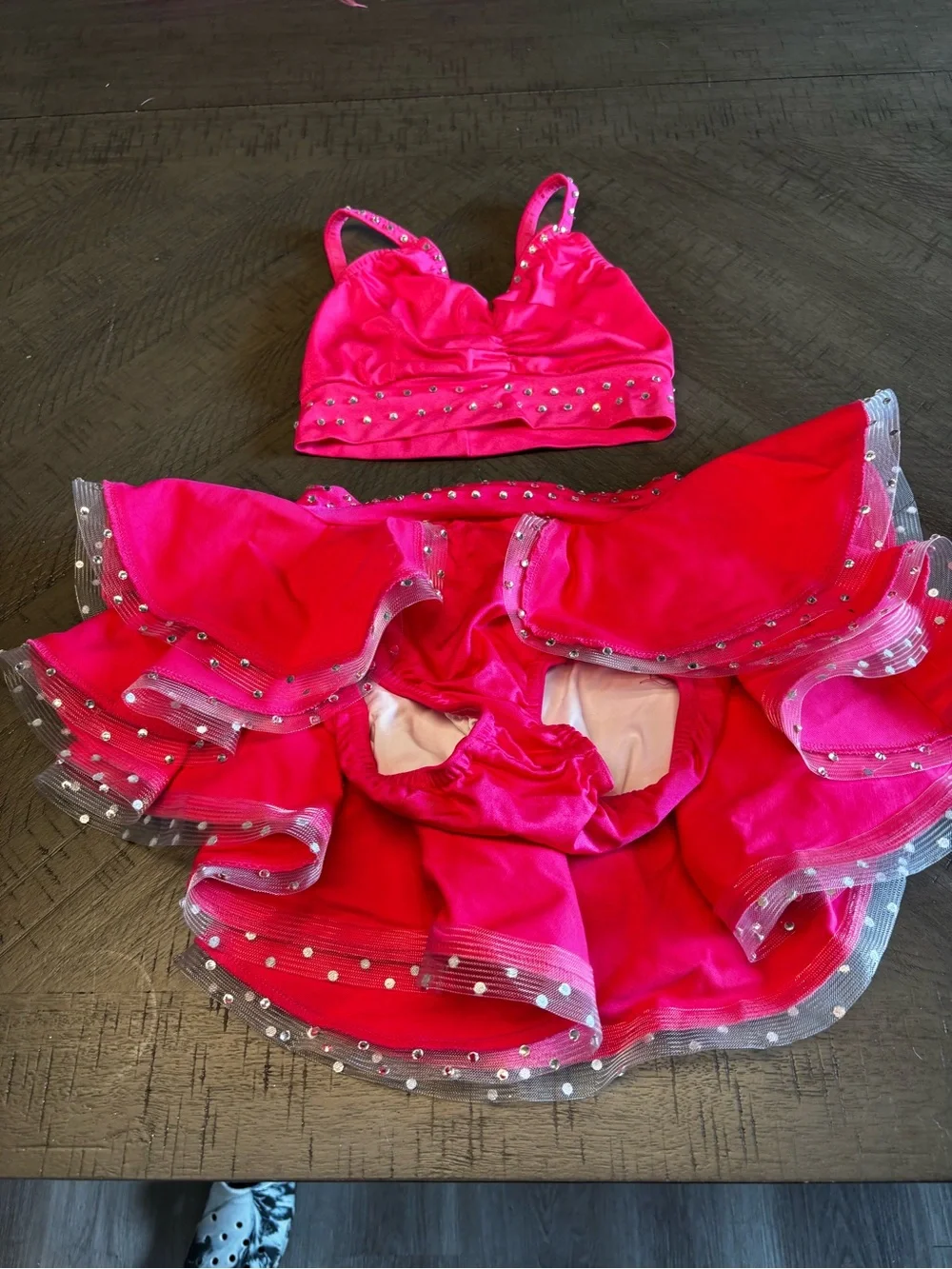 Kelle Hot Pink Two-Piece Jazz Dance Costume with Studded Trim